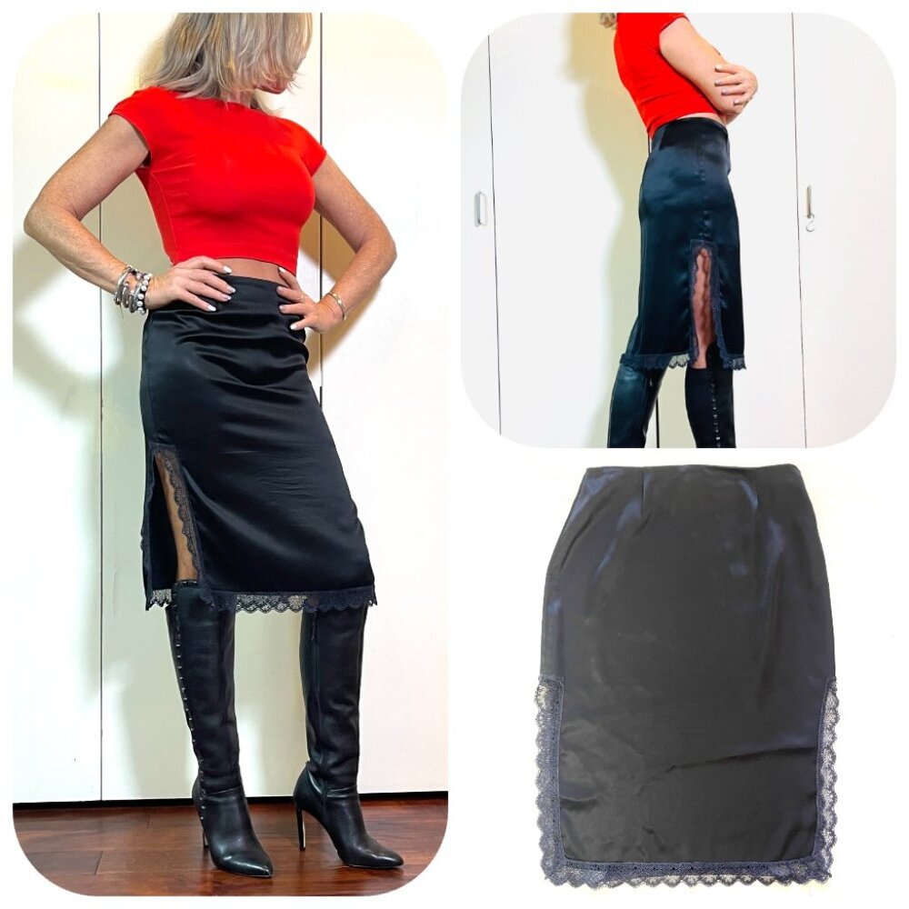 St.Vincent satin lace detail vintage black pencil skirt 2